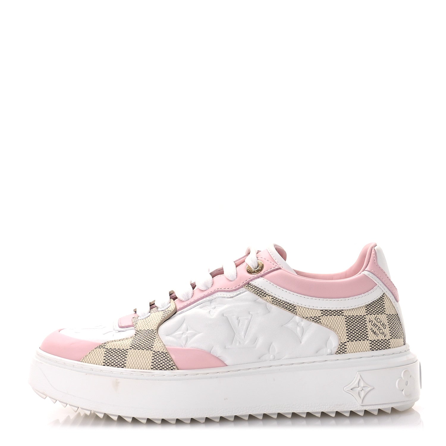 Louis Vuitton Monogram Embossed Calfskin Damier Azur Time Out Sneakers 37.5 Rose Clair Pink 1 of 10
