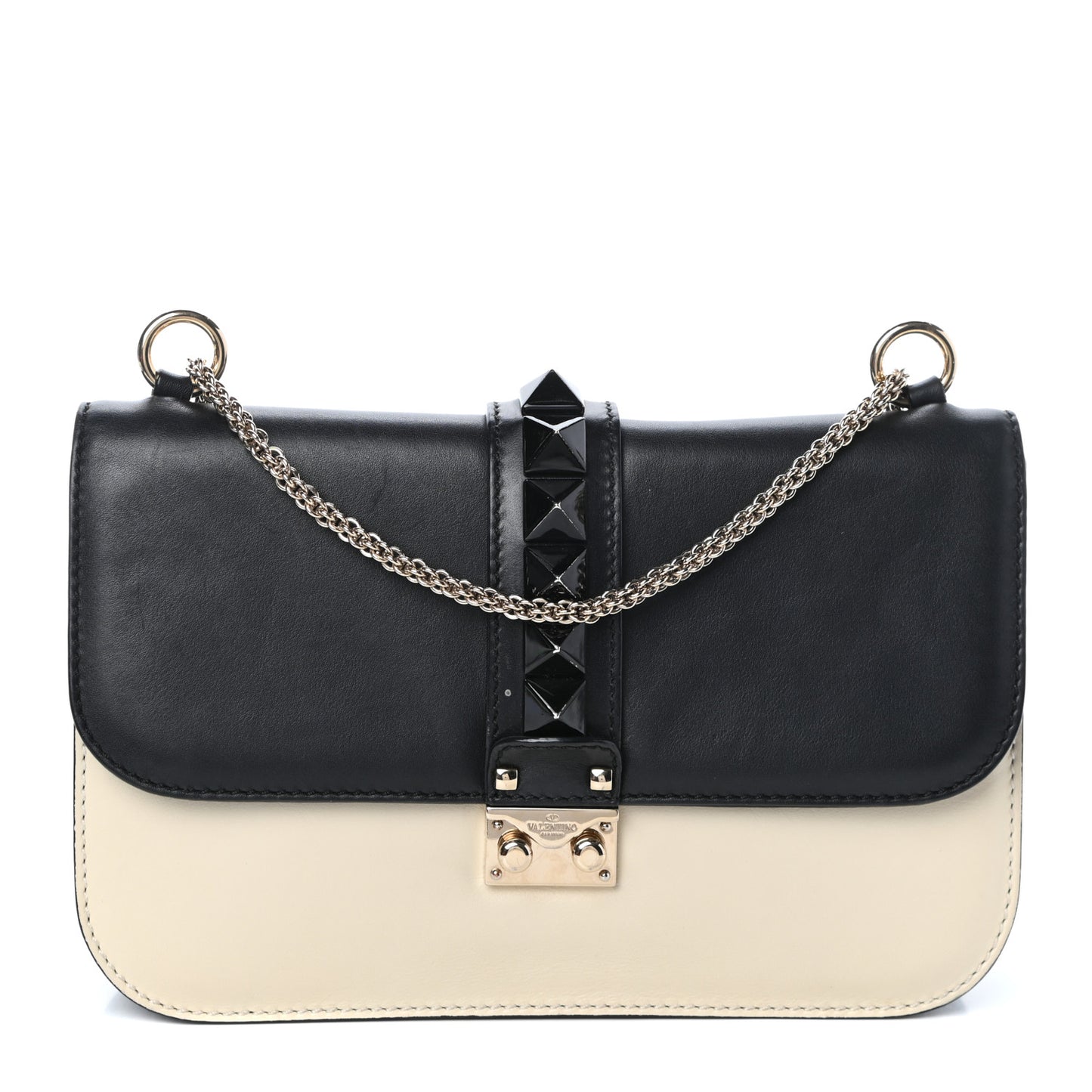 Vitello Medium Glam Lock Rockstud Flap Black Light Ivory