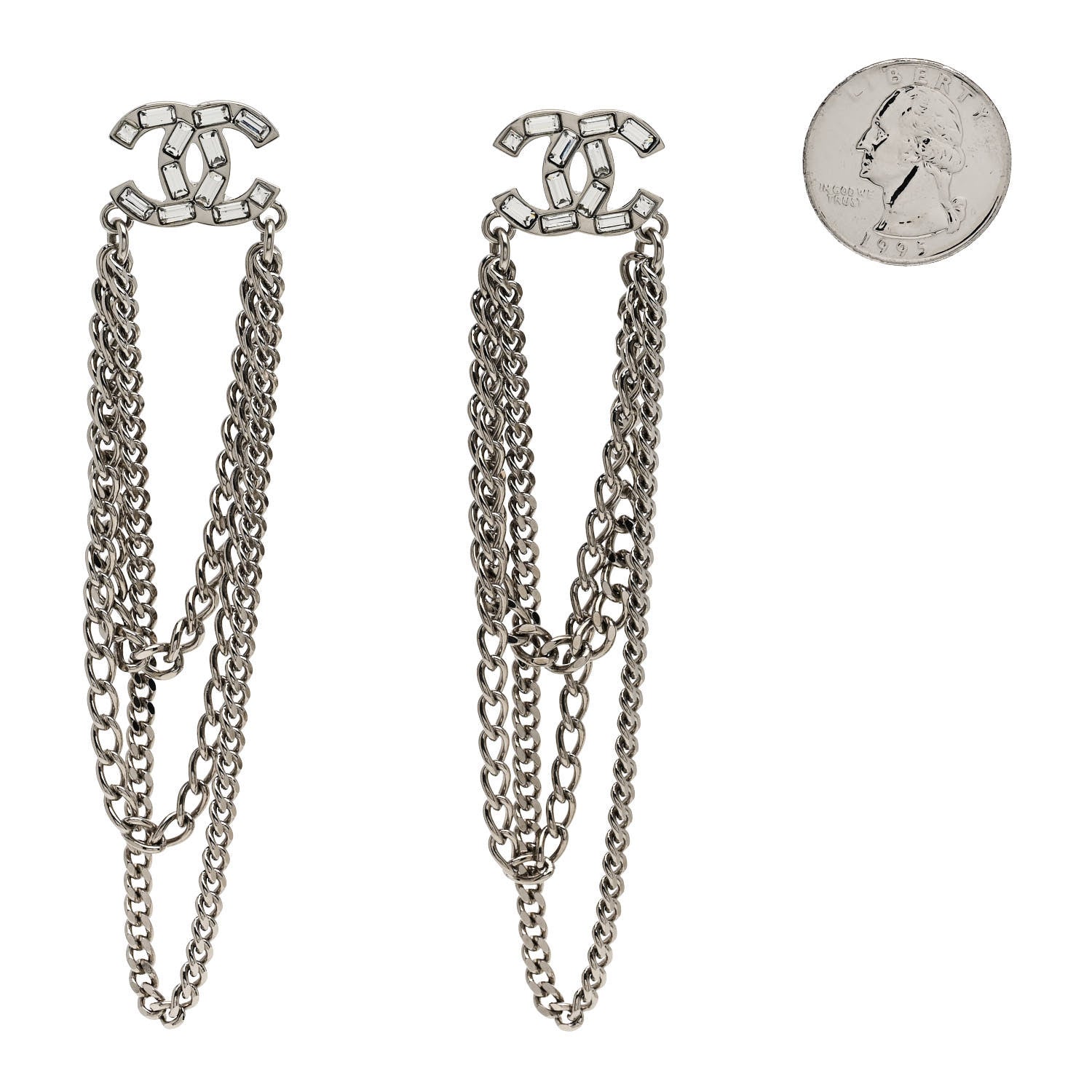 Chanel Crystal Baguette CC Chain Drop Earrings Silver 2 of 5
