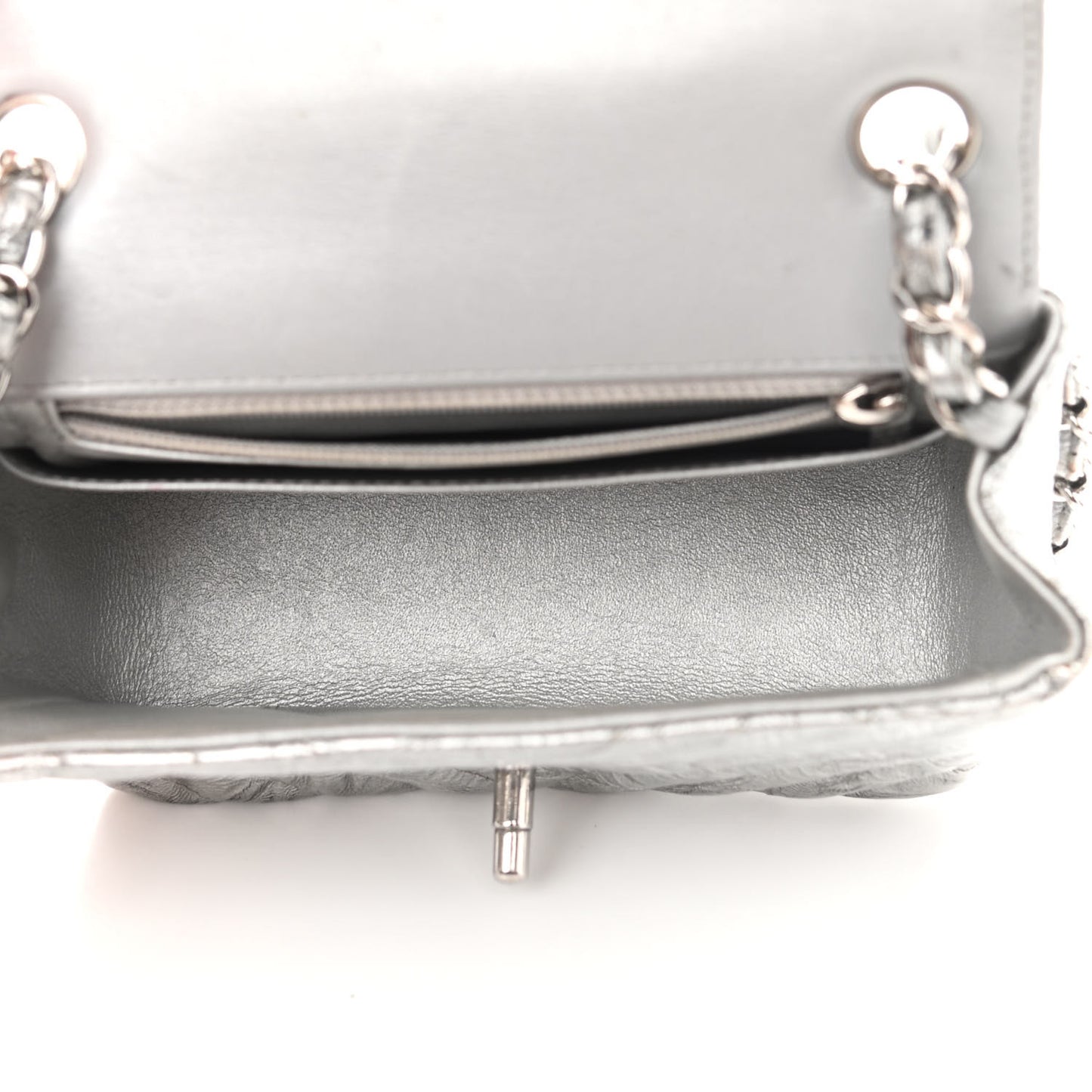 Metallic Patent Crumpled Calfskin Chevron Quilted Mini Square Flap Silver