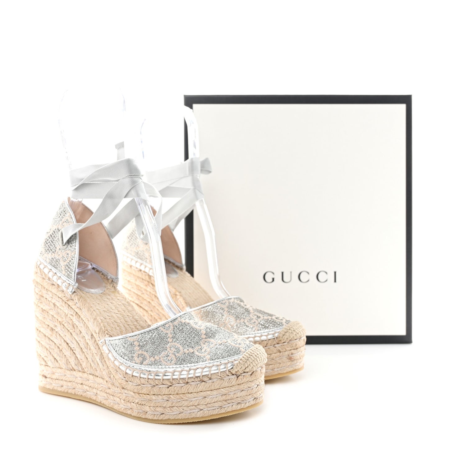 Lame GG Monogram Ankle Wrap Platform Espadrille Wedges 37 Silver Beige Light Grey