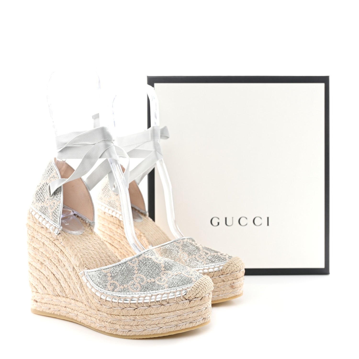 Gucci Lame GG Monogram Ankle Wrap Platform Espadrille Wedges 37 Silver Beige Light Grey 10 of 10