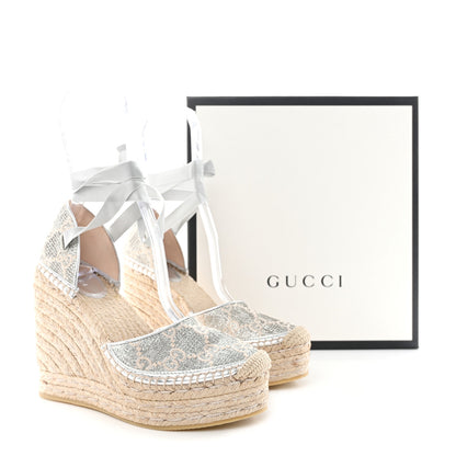Gucci Lame GG Monogram Ankle Wrap Platform Espadrille Wedges 37 Silver Beige Light Grey 10 of 10