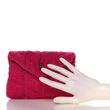 Saint Laurent Boucle Tweed Quilted Loulou Puffer Monogram Pouch Clutch Magenta 2 of 12