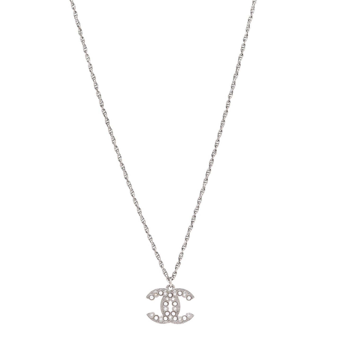 Crystal Pearl CC Pendant Necklace Silver