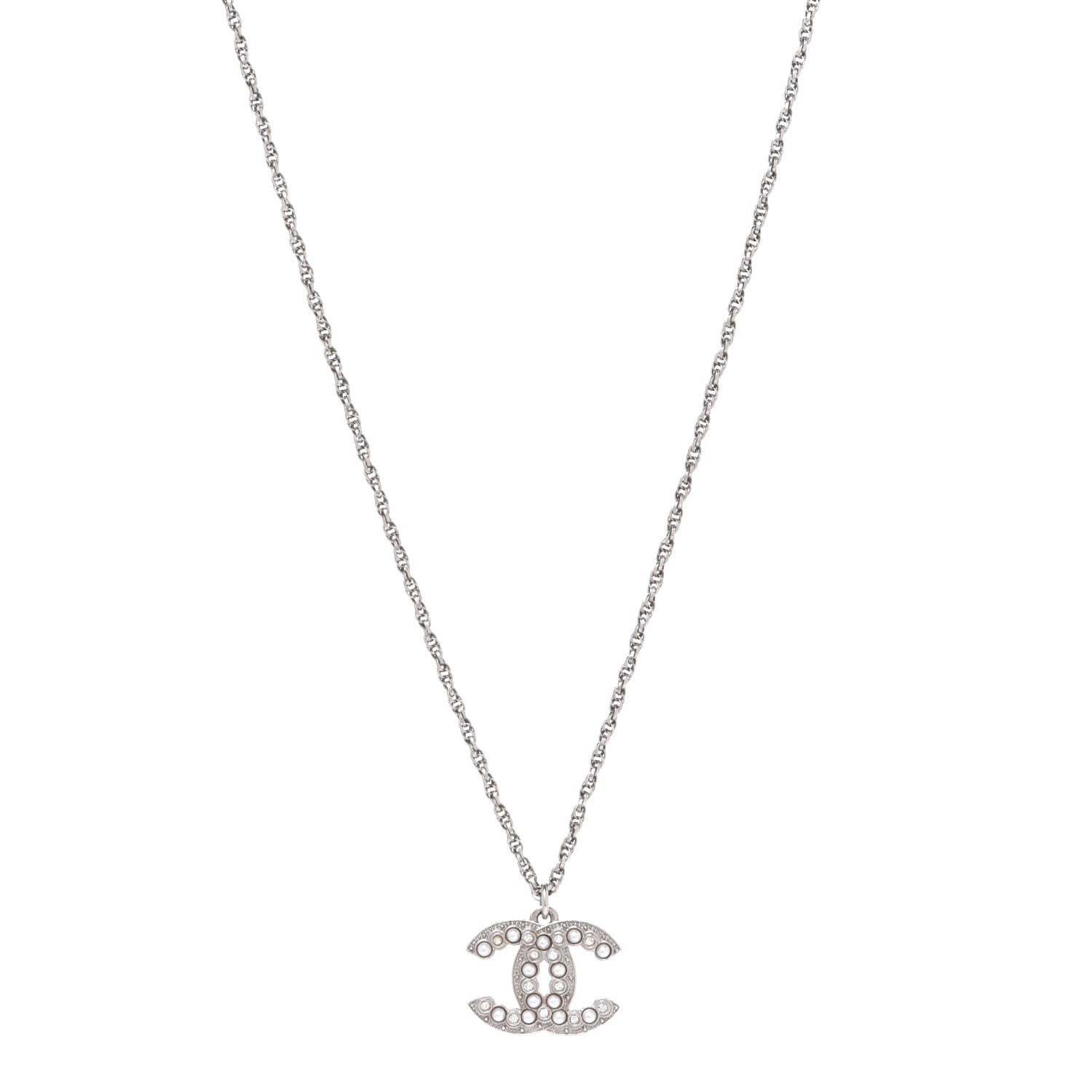 Chanel Crystal Pearl CC Pendant Necklace Silver 1 of 7