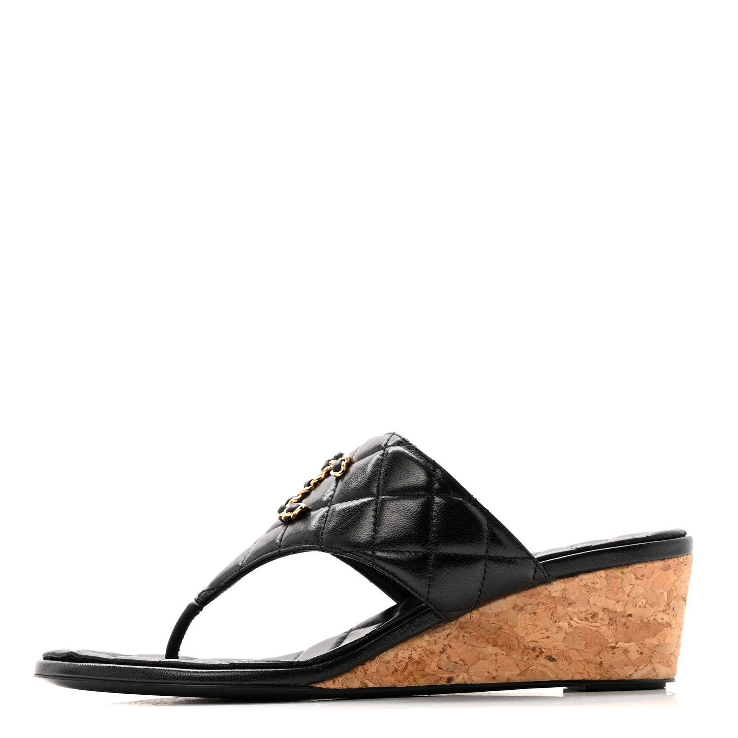 Chanel Shiny Goatskin Cork CC Wedge Sandals 37.5 Black 1 of 11