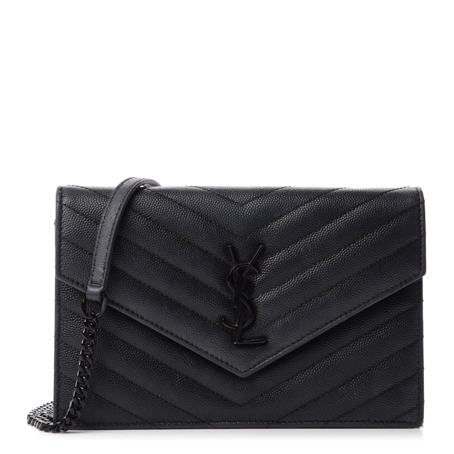 Saint Laurent Grain De Poudre Matelasse Chevron Monogram Monochrome Envelope Chain Wallet Black 1 of 10