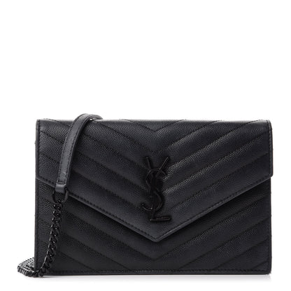 Saint Laurent Grain De Poudre Matelasse Chevron Monogram Monochrome Envelope Chain Wallet Black 1 of 10