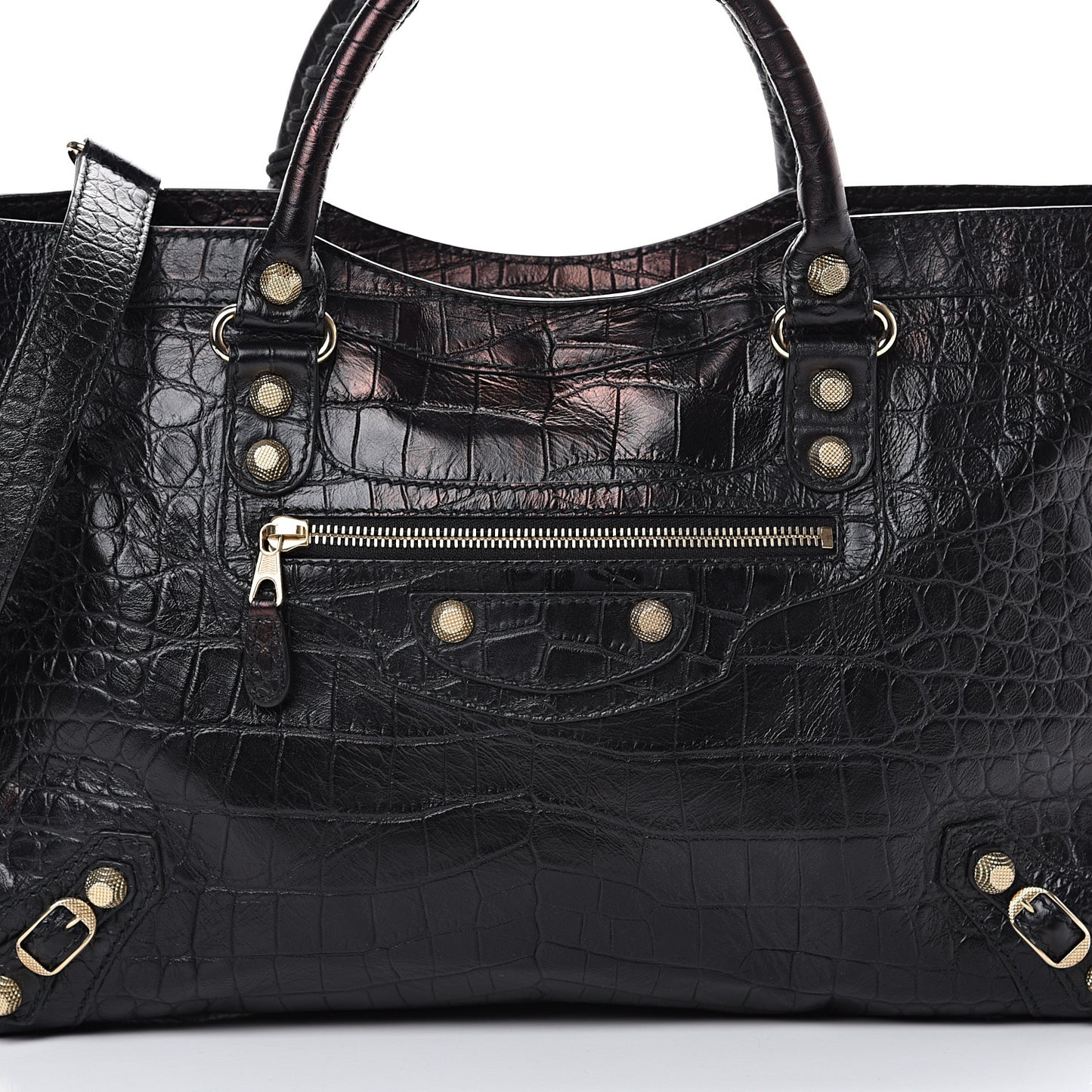 Calfskin Crocodile Embossed Giant 12 Gold Hardware City Black