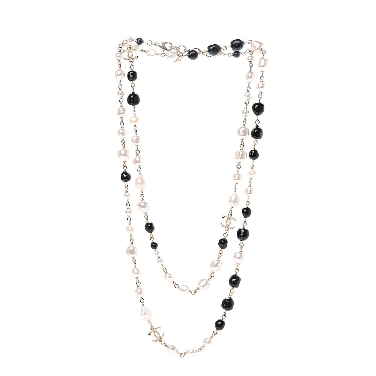 Pearl Beaded Crystal CC Long Necklace Gold Black White