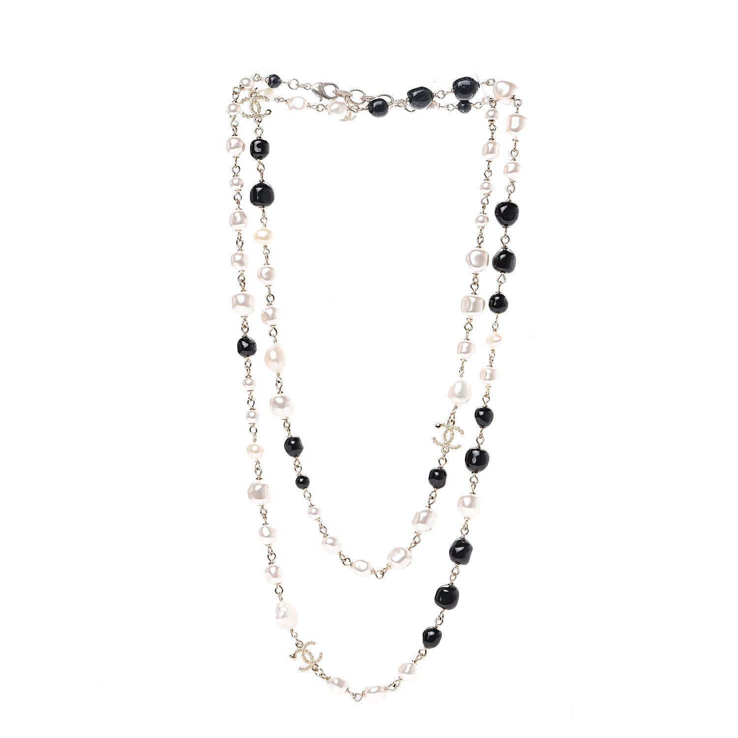 Chanel Pearl Beaded Crystal CC Long Necklace Gold Black White 2 of 4