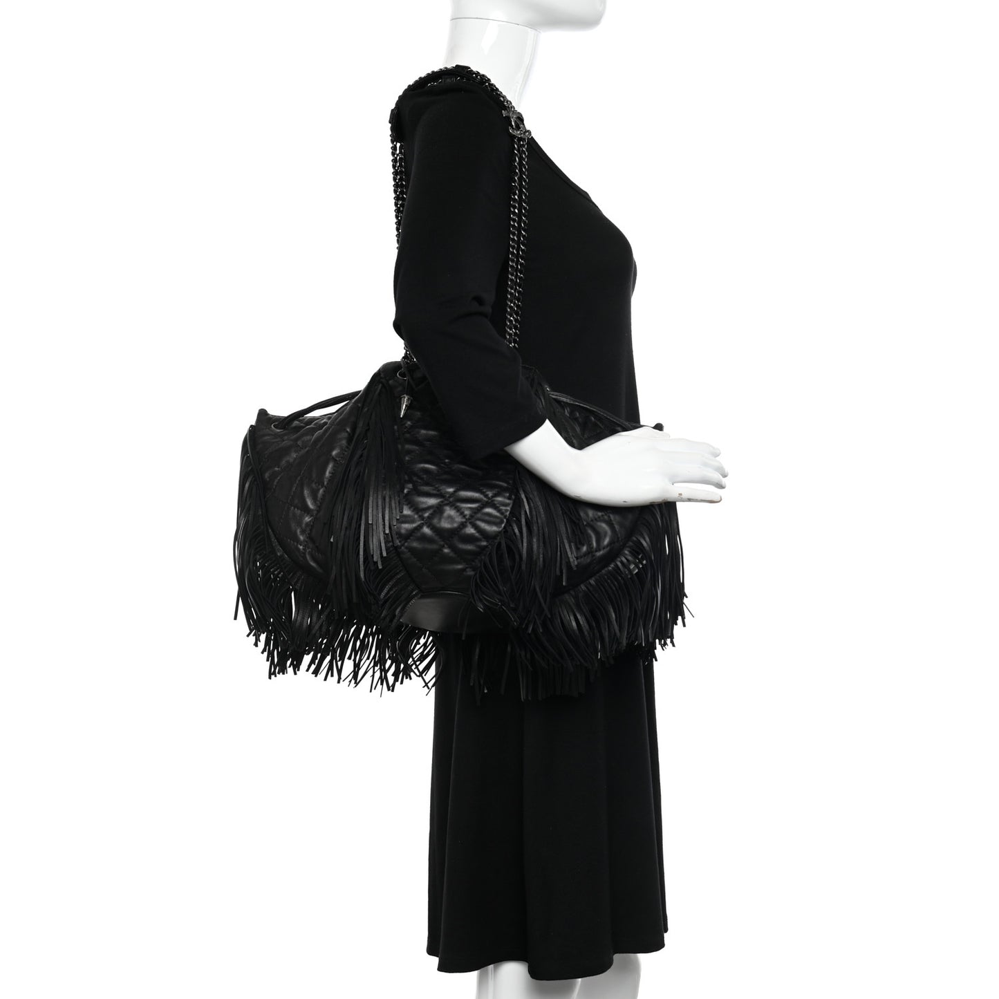Lambskin Quilted Western Baluchon Fringe Bag Black