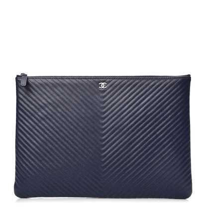 Chanel Caviar Chevron Quilted Large Cosmetic Case Navy 1 of 7