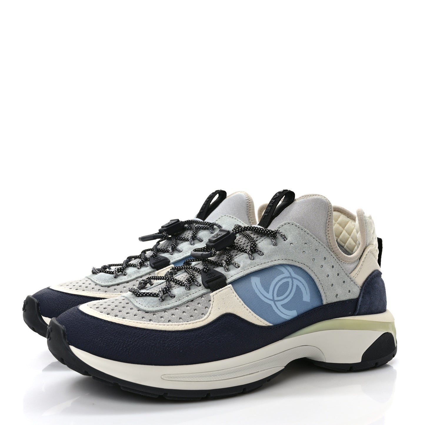 Fabric Suede Calfskin Mesh Womens CC Sneakers 39.5 Black Blue Ivory