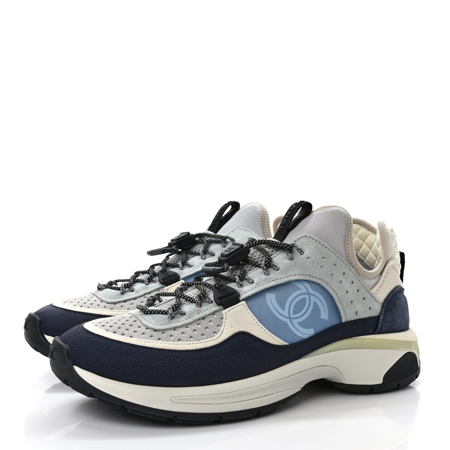 Chanel Fabric Suede Calfskin Mesh Womens CC Sneakers 39.5 Black Blue Ivory 3 of 9