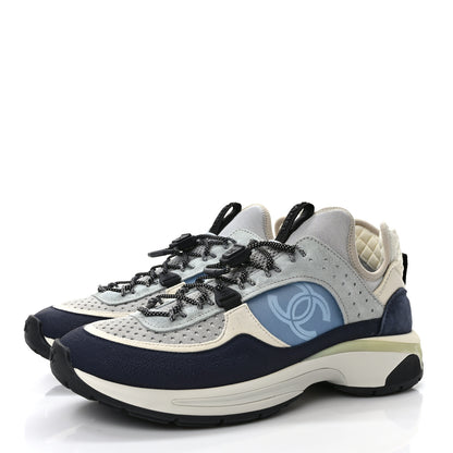 Chanel Fabric Suede Calfskin Mesh Womens CC Sneakers 39.5 Black Blue Ivory 3 of 9