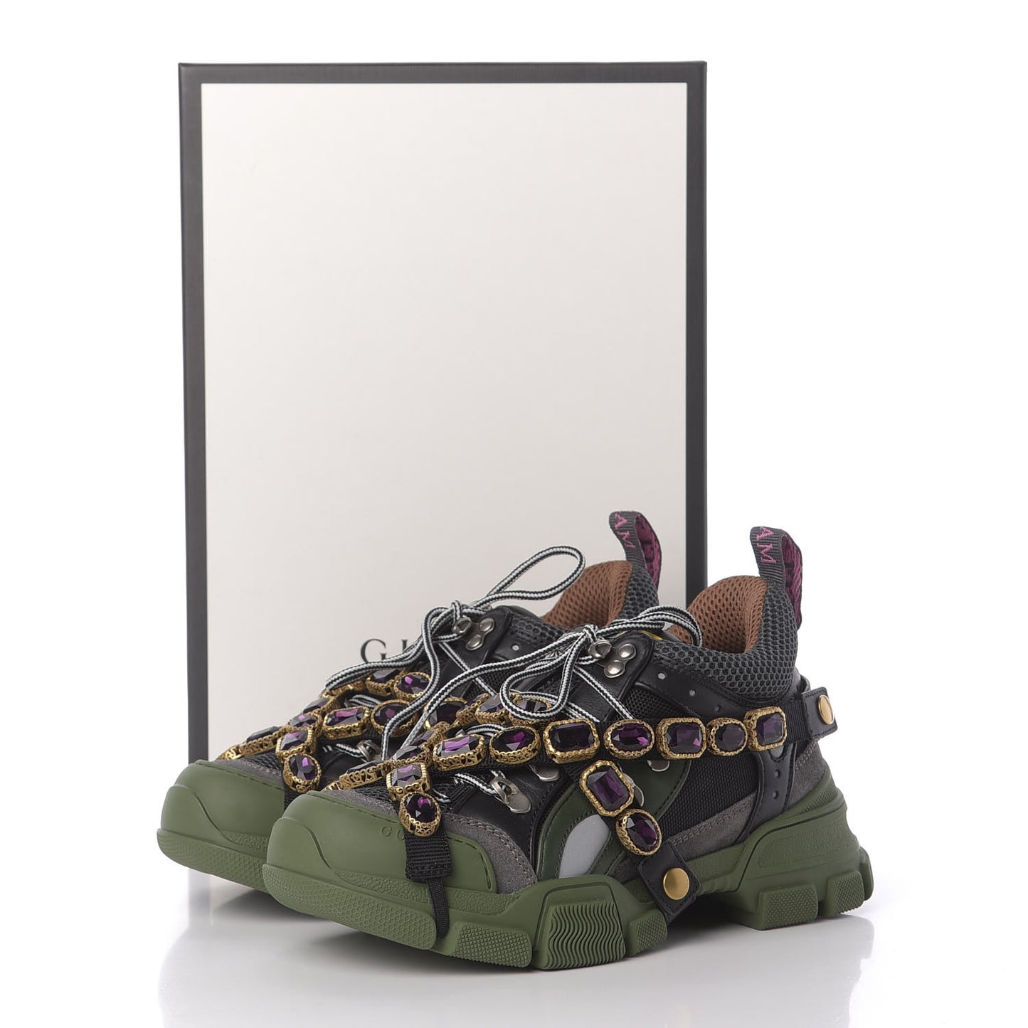 X SEGA Mesh Suede Calfskin Removable Crystals Flashtrek Sneakers 37 Loess Black Olive Green