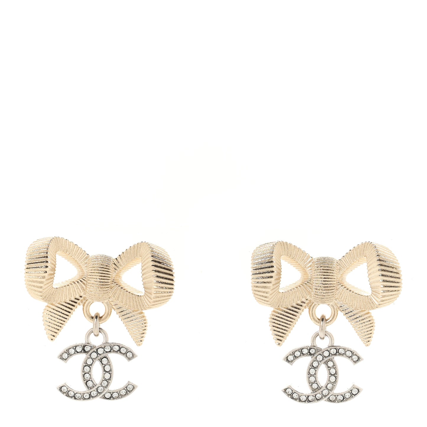 Metal Crystal CC Bow Earrings Gold Silver