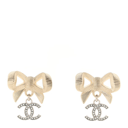 Chanel Metal Crystal CC Bow Earrings Gold Silver 1 of 5
