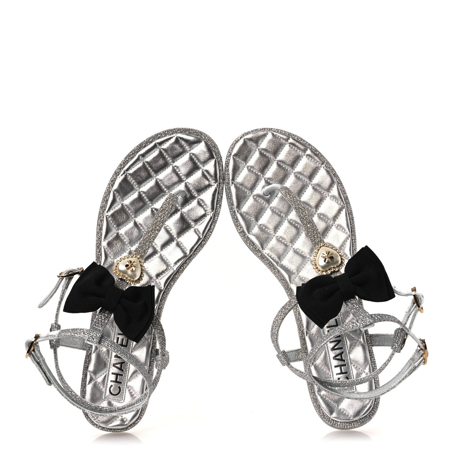 Chanel Fabric Grosgrain Pearl Crystal Thong Sandals 40 Silver Black 2 of 11