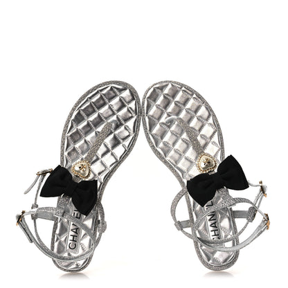 Chanel Fabric Grosgrain Pearl Crystal Thong Sandals 40 Silver Black 2 of 11