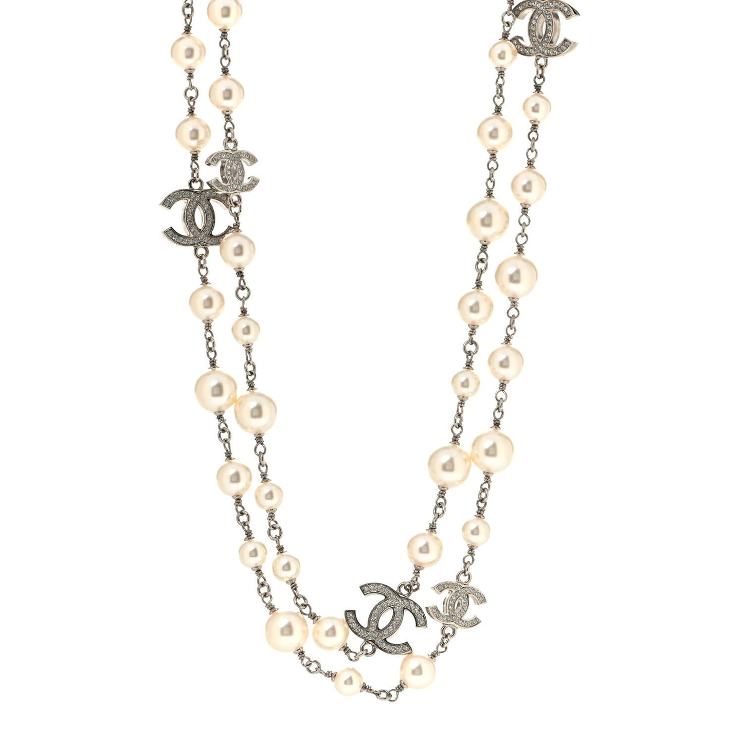 Crystal Pearl CC Long Necklace Silver