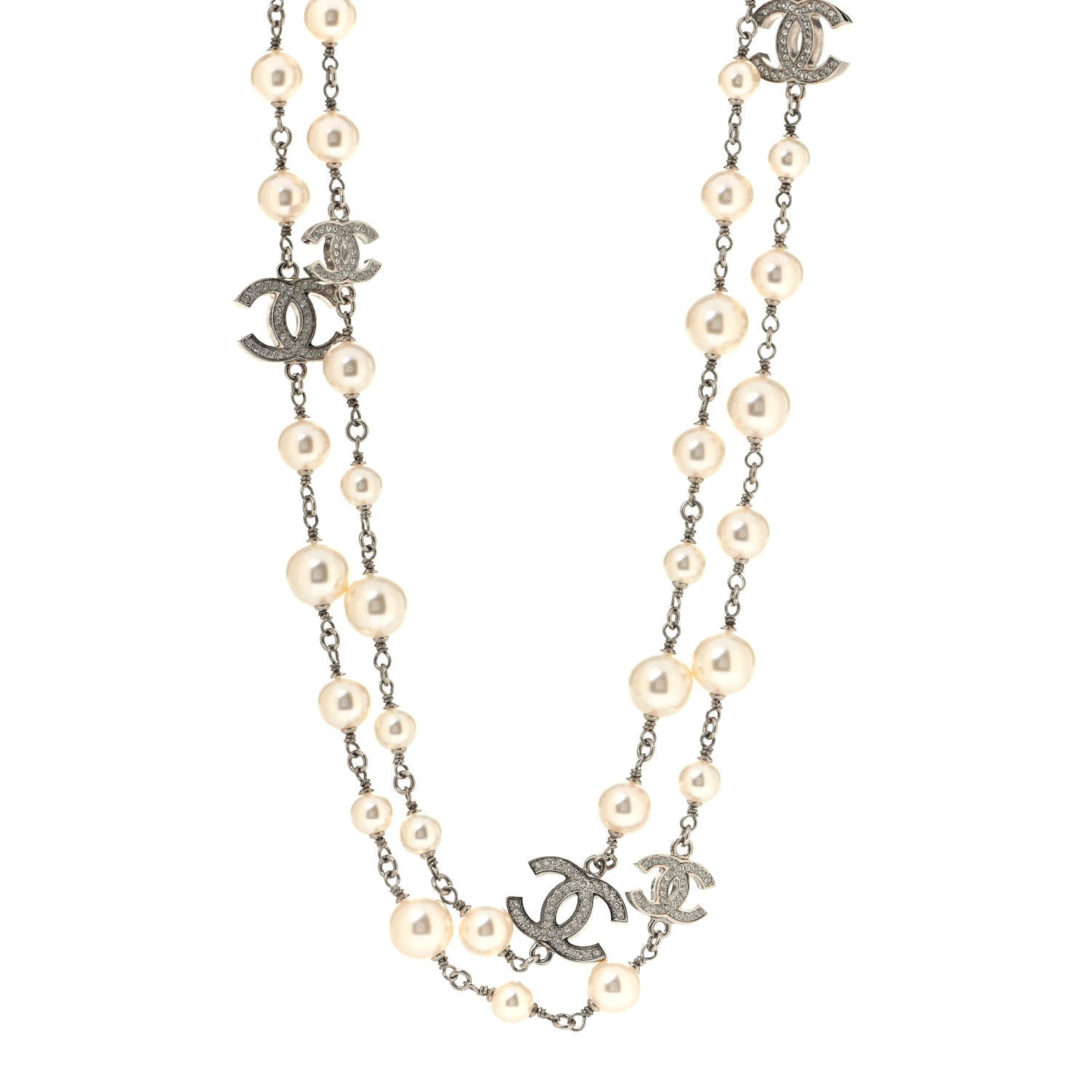 Chanel Crystal Pearl CC Long Necklace Silver 1 of 4