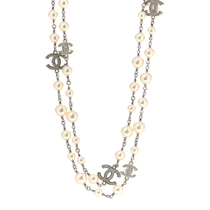 Chanel Crystal Pearl CC Long Necklace Silver 1 of 4