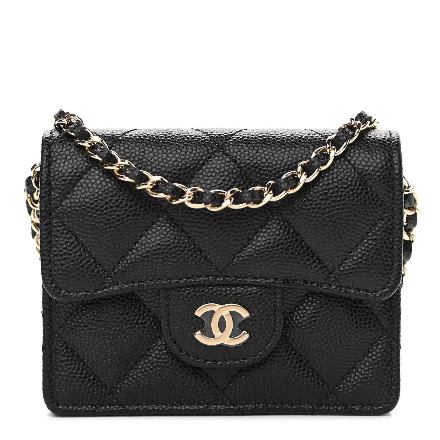Caviar Quilted Flap Card Holder On Chain Black