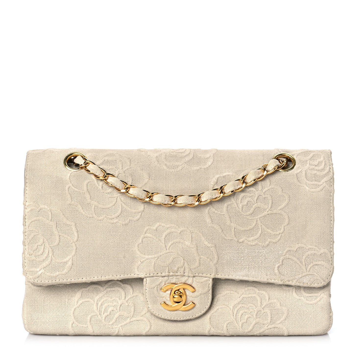 Canvas Camellia Embroidered Medium Double Flap Ivory