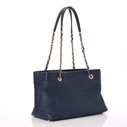 Chanel Wrinkled Lambskin Chevron Quilted Surpique Tote Navy Blue 3 of 7
