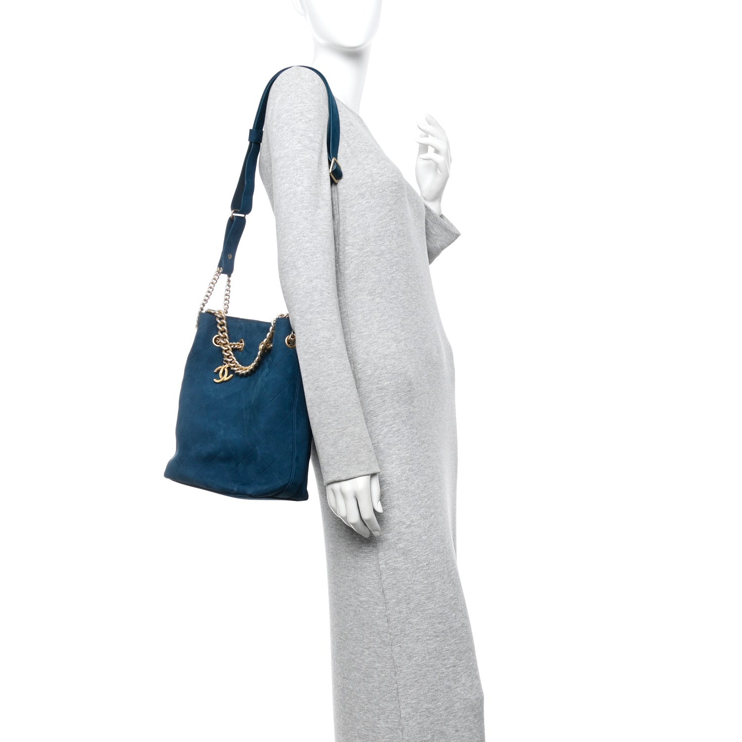 Chanel Suede Calfskin Small On My Shoulder Drawstring Bag Blue 2 of 9