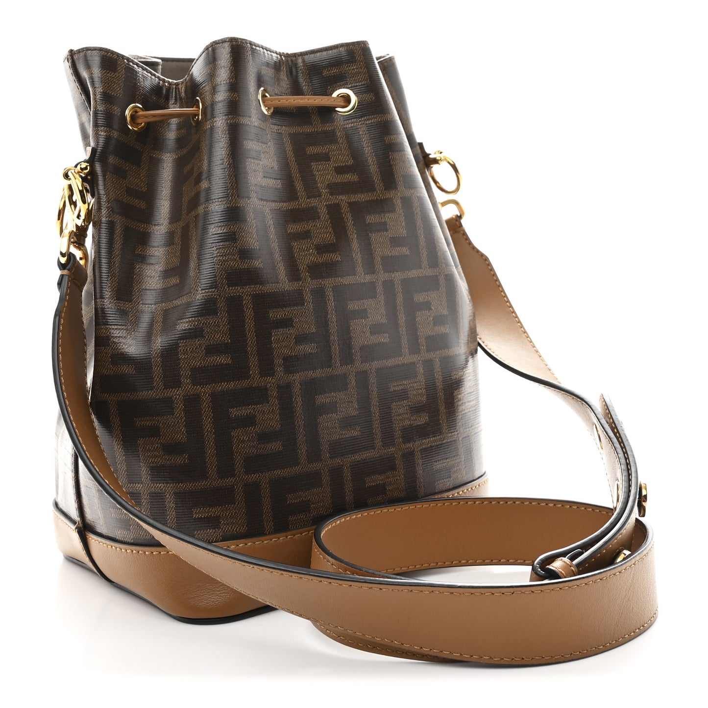 Glazed Fabric Vitello Grace F is Fendi FF 1974 Stamp Patch Grande Mon Tresor Bucket Bag Mogano Panna Nocciola