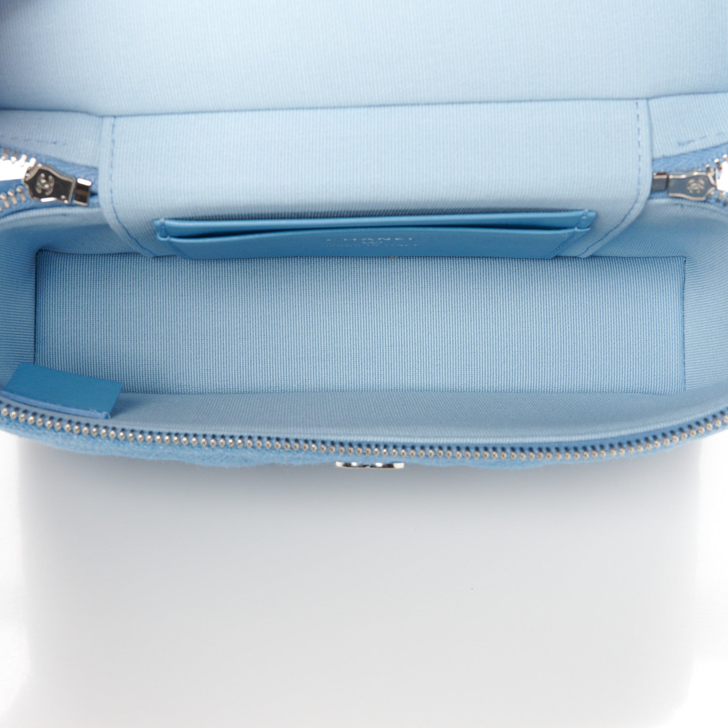 Chanel Denim Quilted Top Handle Slim Vanity Case With Chain Blue