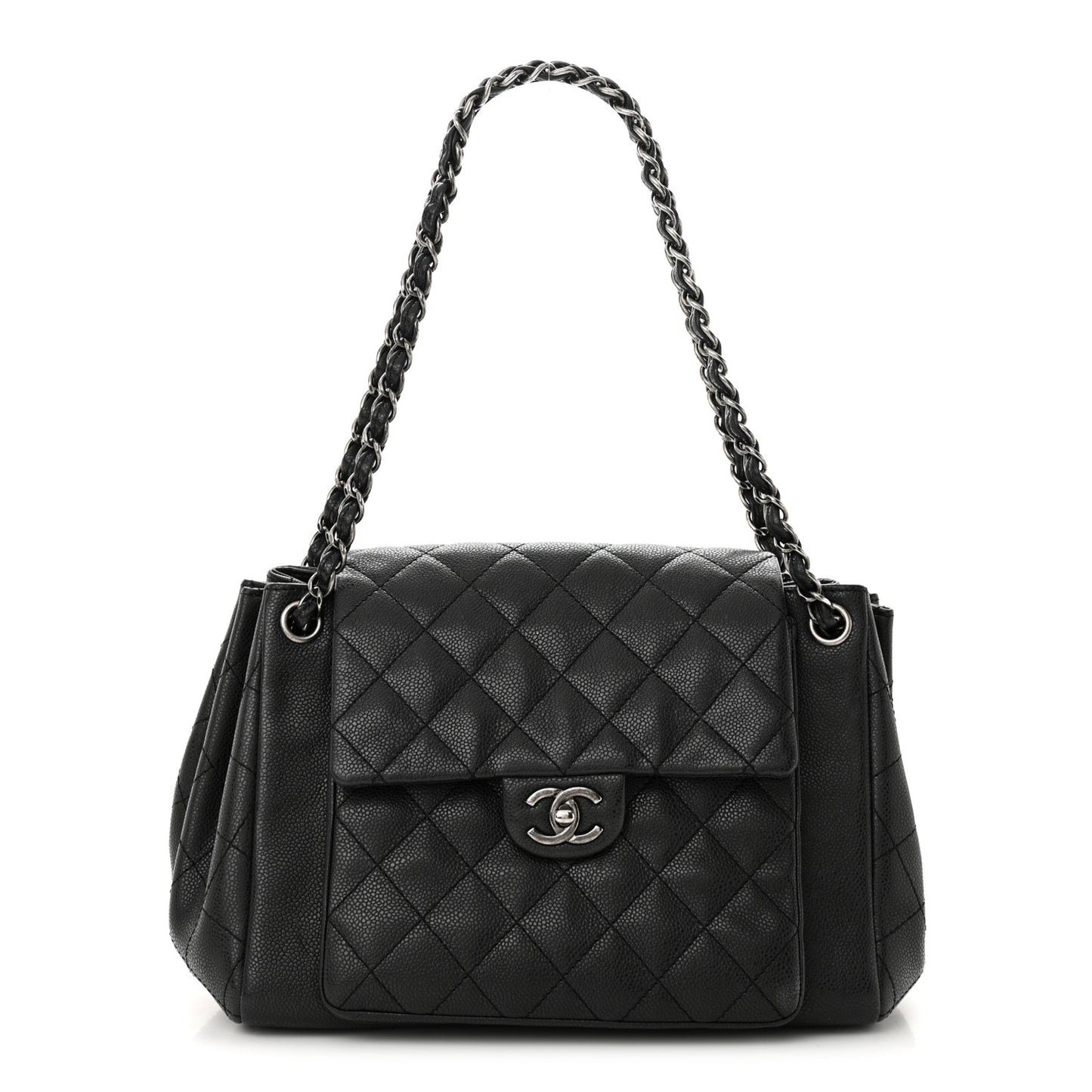Caviar Quilted CC Accordion Shopping Bag Black
