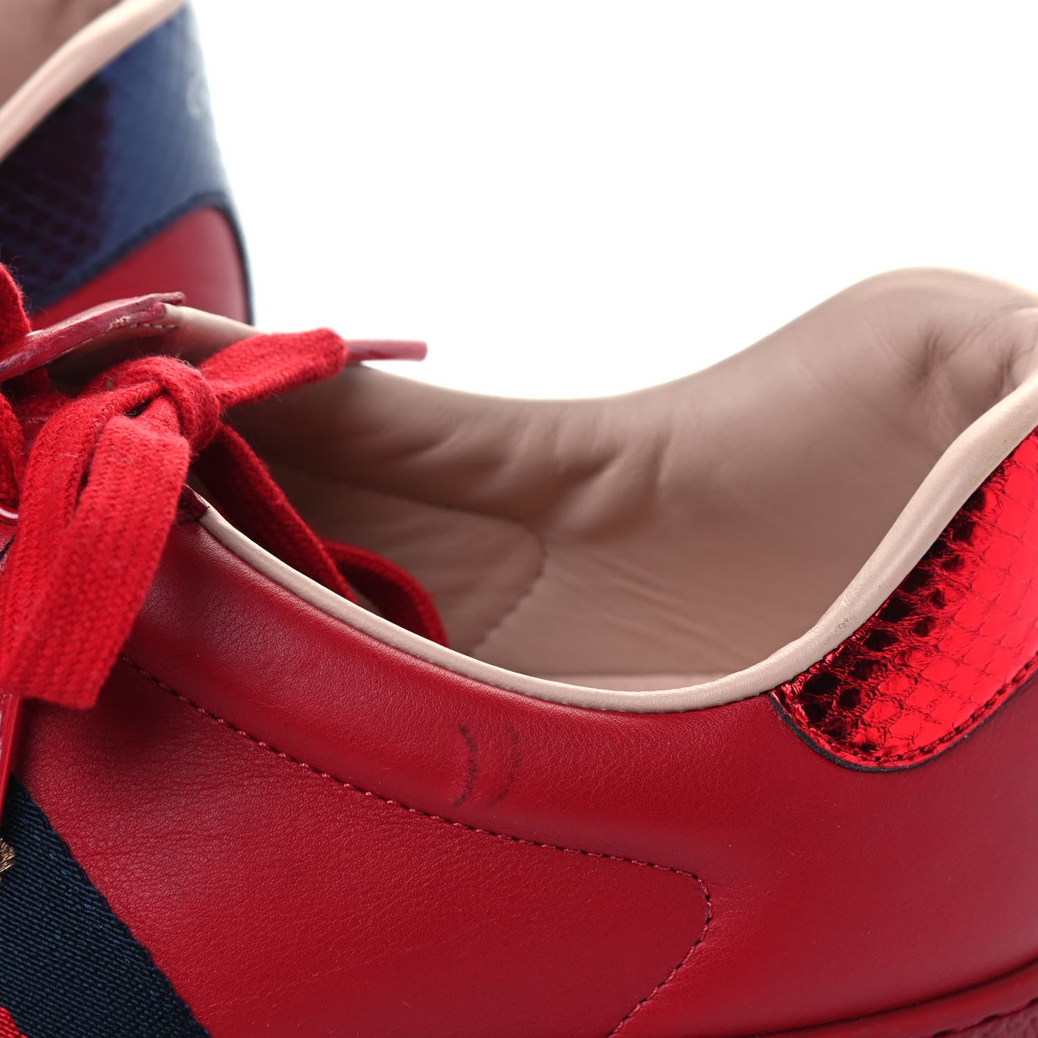 Gucci Miro Soft Calfskin Laminated Ayers Web Bee Embroidered Mens Ace Sneakers 10.5 Hibiscus Red Red Flame Notte 6 of 7