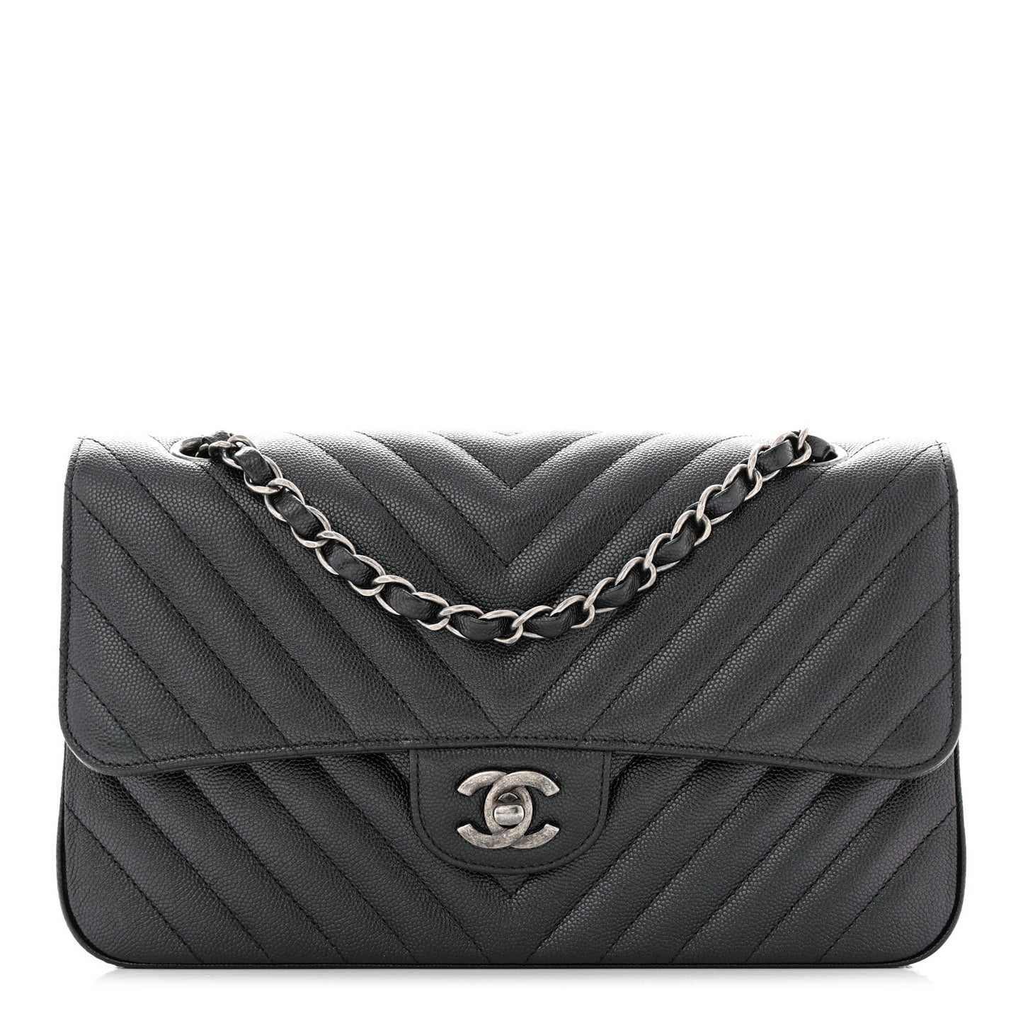 Iridescent Caviar Chevron Quilted Medium Double Flap Black