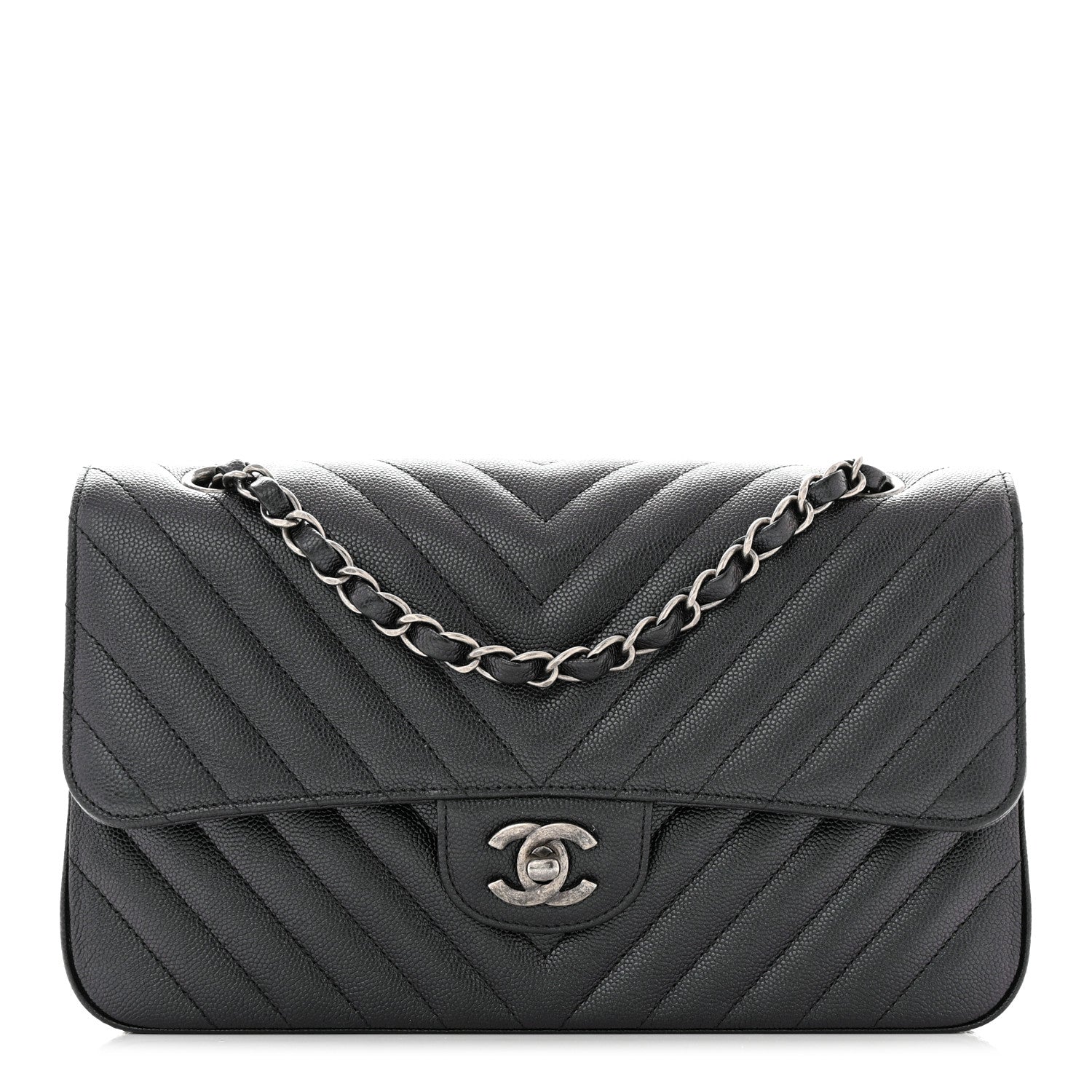 Chanel Iridescent Caviar Chevron Quilted Medium Double Flap Black 1 of 11