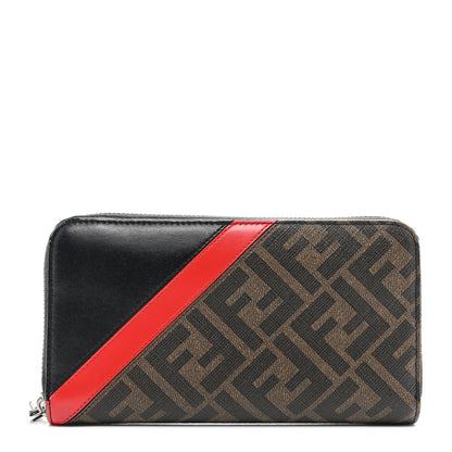 Fendi Glazed Fabric Vitello Liberty FF 1974 Diagonal Zip Around Wallet Tobacco Rosso Black 1 of 7