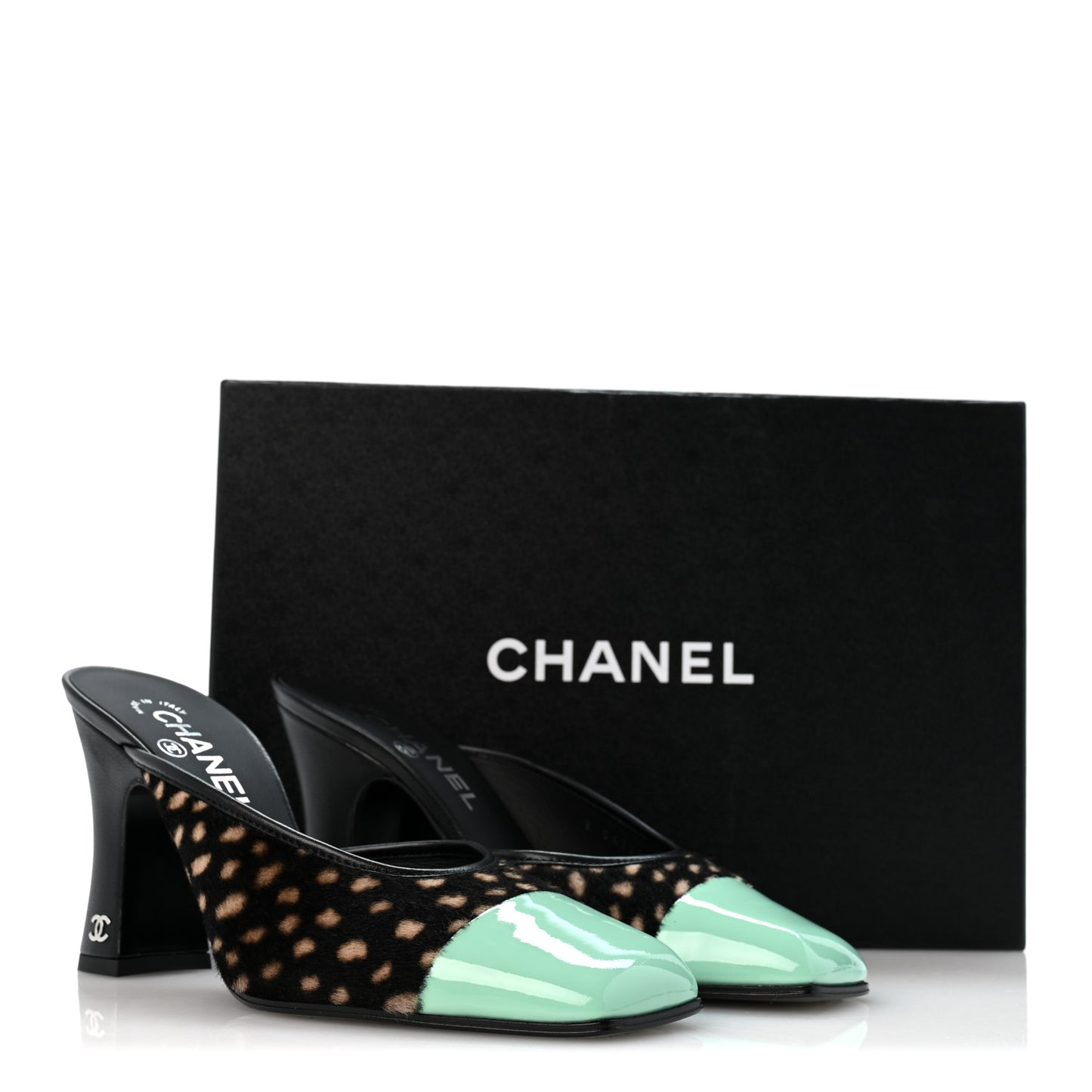 Pony Hair Lambskin Patent Calfskin Cap Toe Mules 37 Black White Green