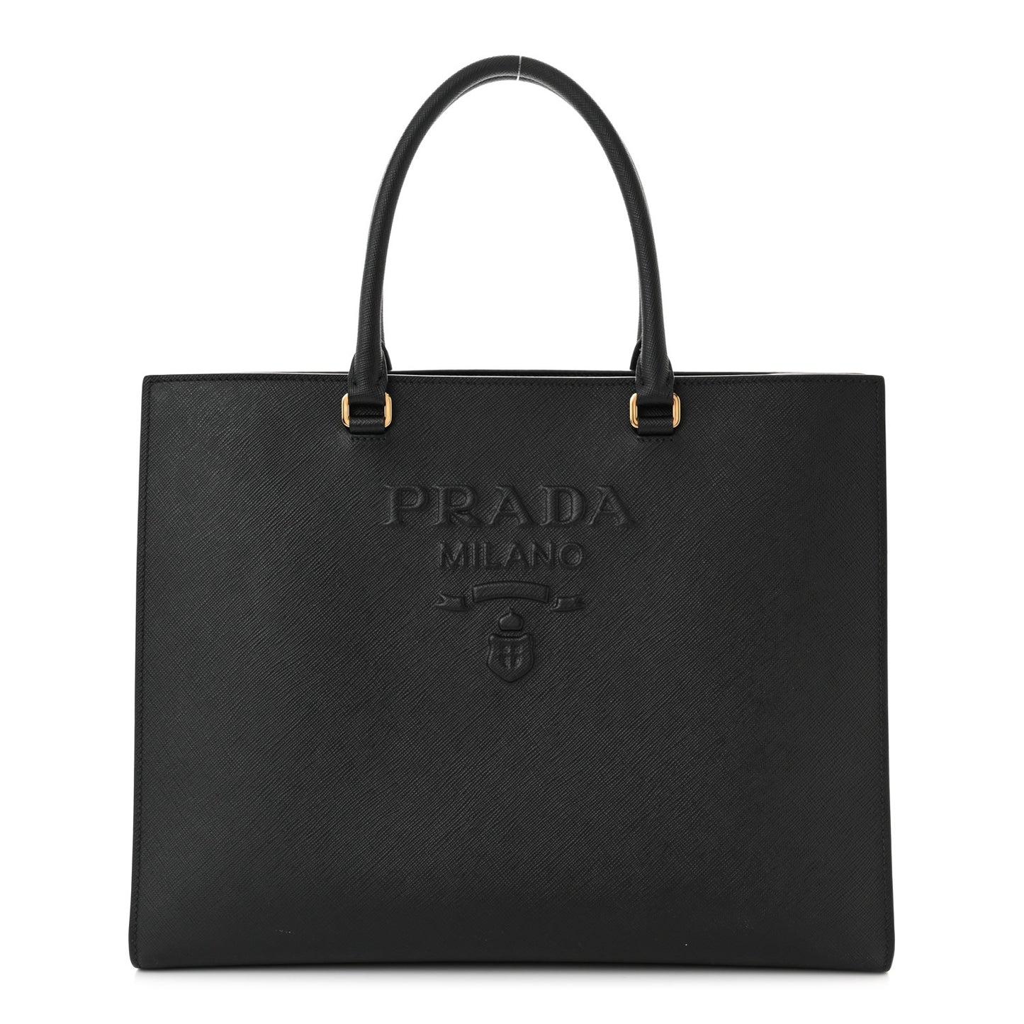 Saffiano Lux Logo Embossed Large Shoulder Tote Handbag Black