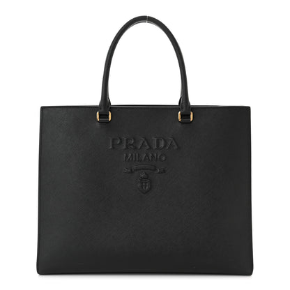 Prada Saffiano Lux Logo Embossed Large Shoulder Tote Handbag Black 1 of 11