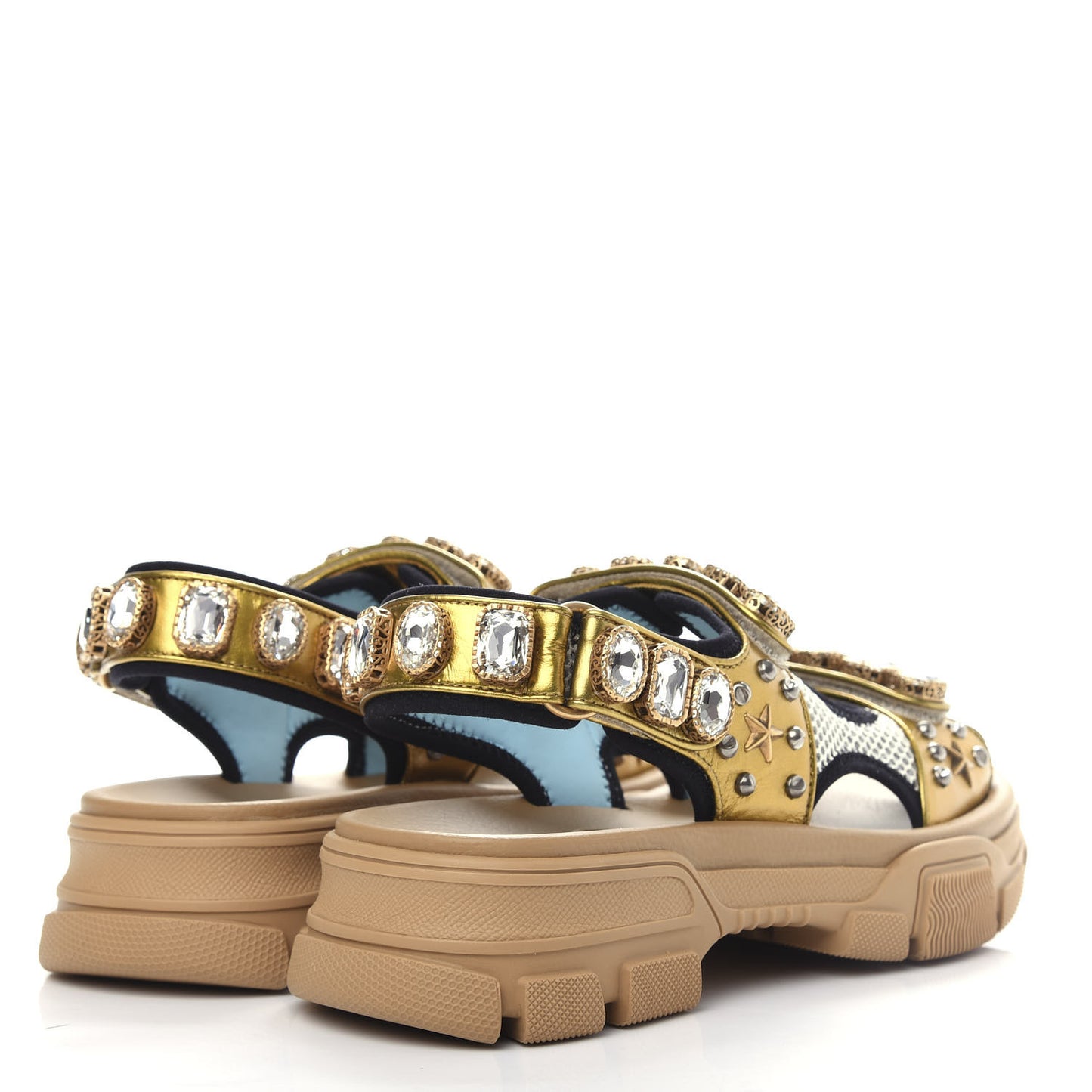 Silk Calfskin Mesh Crystal Embellished Studded Womens Aguru Sandals 39 Gold