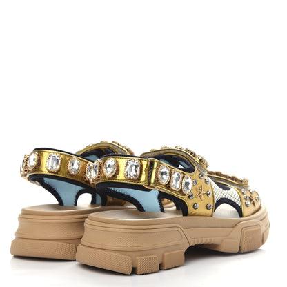Gucci Silk Calfskin Mesh Crystal Embellished Studded Womens Aguru Sandals 39 Gold 4 of 11
