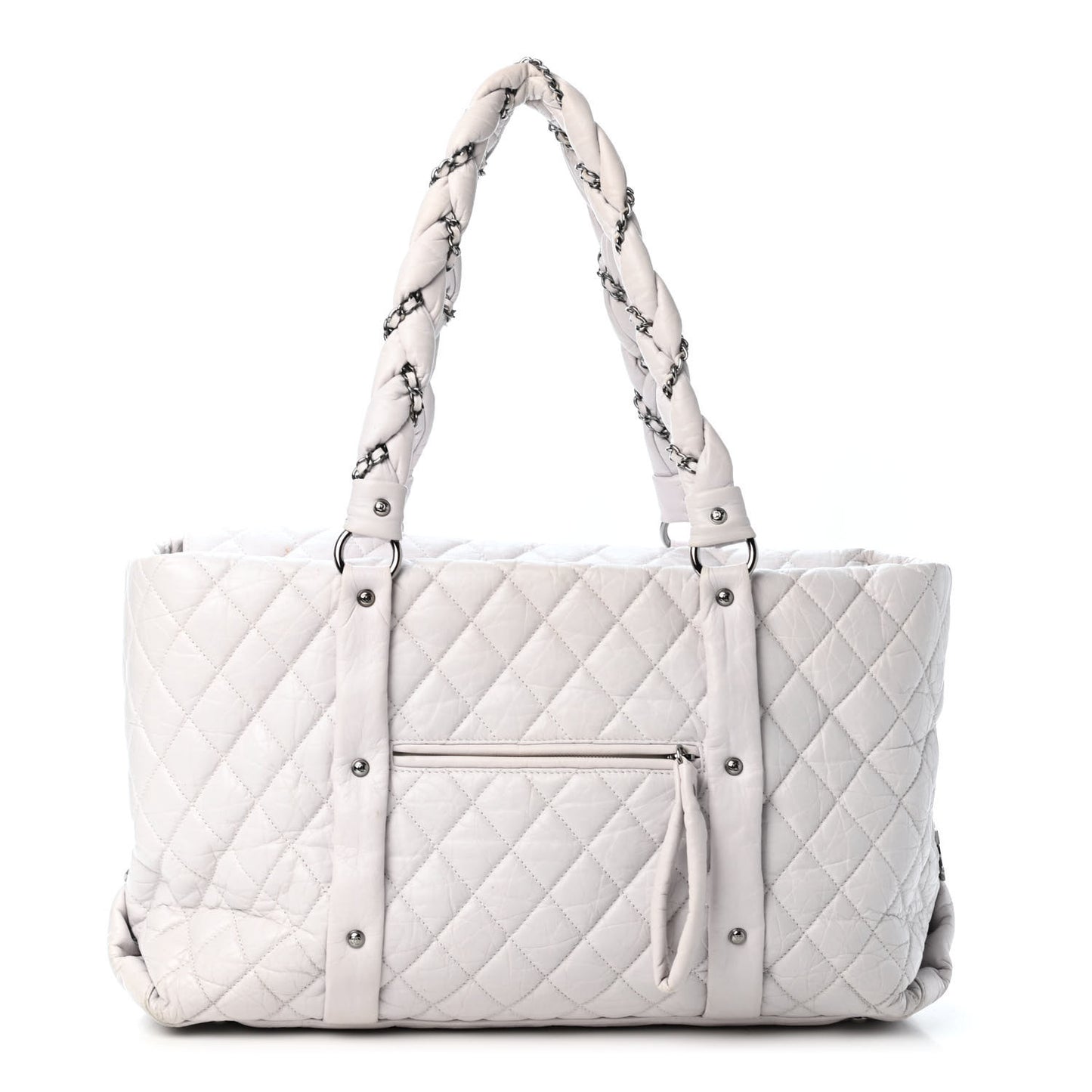 Distressed Lambskin Vintage Ligne Lady Braid XL Tote White
