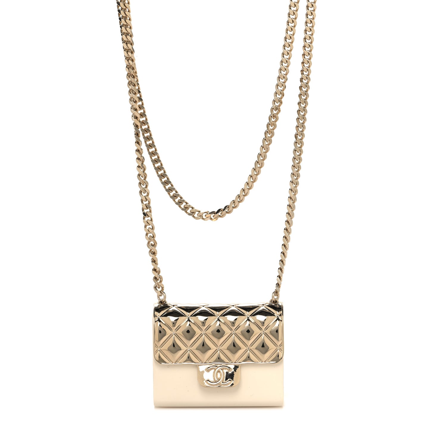 Metal Resin Flap Bag Long Necklace Gold White