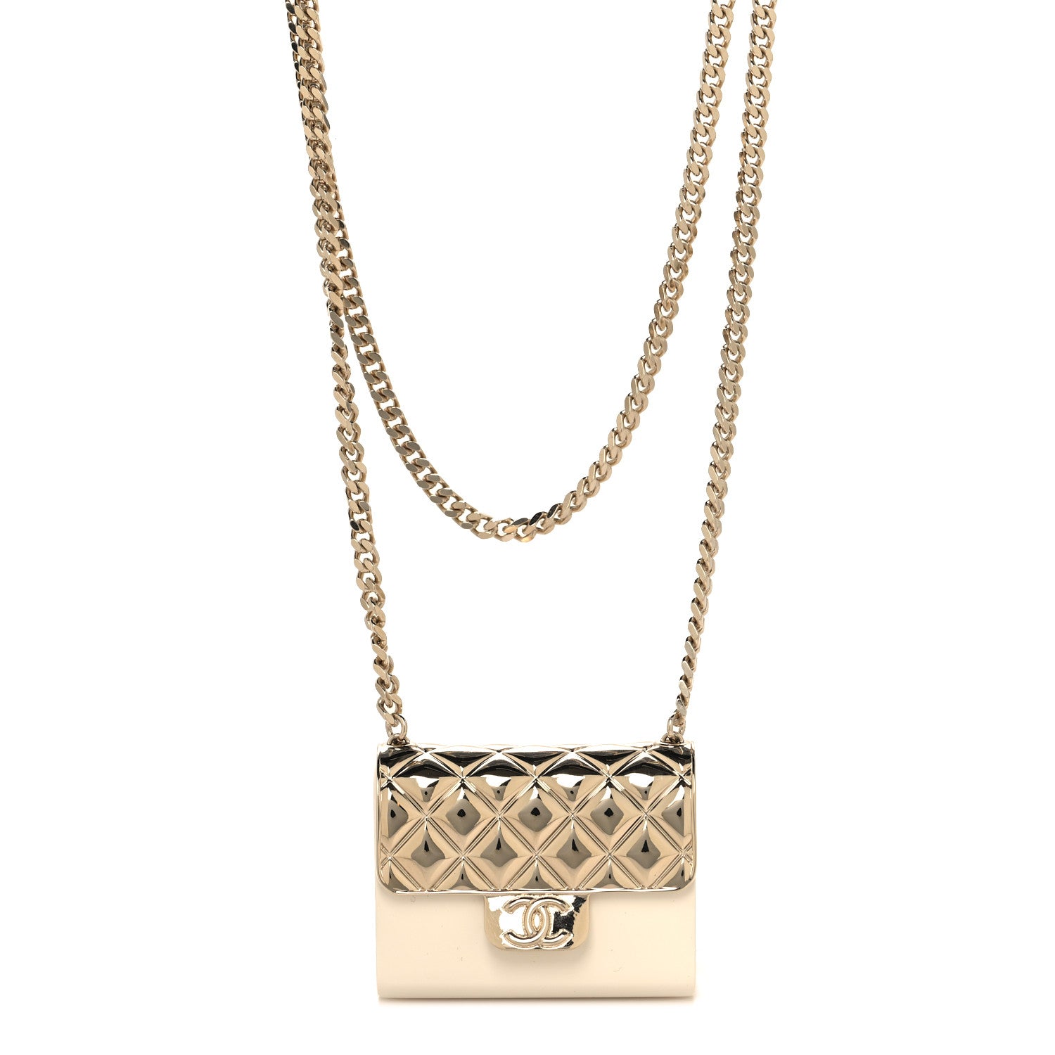 Chanel Metal Resin Flap Bag Long Necklace Gold White 1 of 5