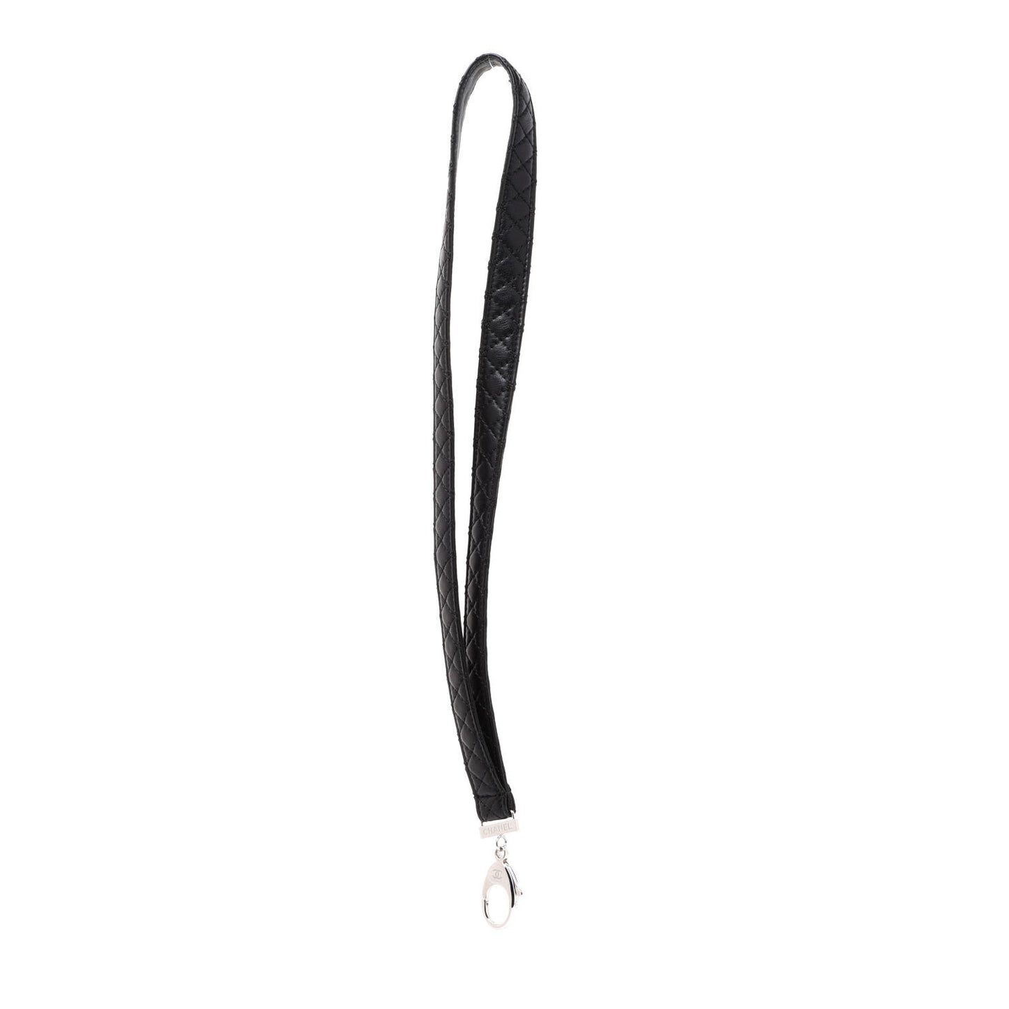 Lambskin Quilted Lanyard Key Holder Necklace Black