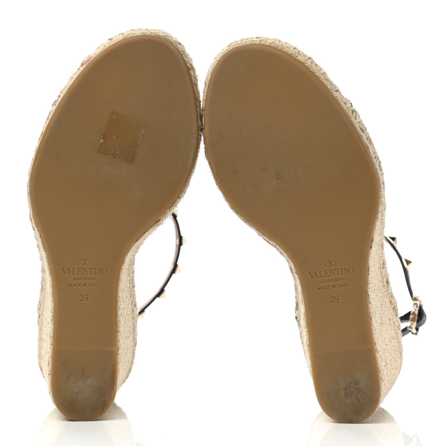 Valentino Garavani Grained Calfskin Rockstud Ankle Strap Espadrille 15/105mm Wedge Sandals 39 Black Light Cuir Natural 5 of 9